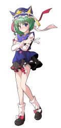 1girl alphes_(style) black_shoes black_skirt blue_hat blue_vest blush bow buttons commentary_request dairi epaulettes full_body green_hair hat highres large_variant_set parody pink_bow pink_ribbon ribbon shiki_eiki shoes short_hair skirt socks solo standing style_parody tachi-e touhou transparent_background variant_set vest white_socks