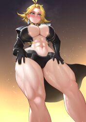 1girl abs absurdres antenna_hair averting_eyes bare_legs black_gloves black_shirt black_shorts blonde_hair blush breasts brown_background cipher4109 cleavage cleavage_cutout closed_mouth clothing_cutout commentary cosplay curvy diamond-shaped_earrings diamond_(gemstone) dokibird_(vtuber) dokibird_(vtuber)_(bounty_hunter) embarrassed emma_frost emma_frost_(cosplay) emma_frost_(x-revolution) english_commentary eyeshadow feather_hair feet_out_of_frame from_below gloves gradient_background green_eyes half-closed_eyes hands_on_own_thighs highres indie_virtual_youtuber large_breasts makeup marvel marvel_rivals official_alternate_costume parted_bangs shirt short_hair shorts sideways_glance solo standing stomach superhero_costume thick_thighs thighs variant_set virtual_youtuber wide_hips x-men yellow_background