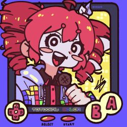 1girl ahoge black_shirt blush_stickers bow buttons collared_shirt d-pad drill_hair game_boy game_boy_color hair_between_eyes hair_bow handheld_game_console hashtag-only_commentary highres holding holding_microphone jacket kasane_teto kasane_teto_(sv) microphone mrbizc8 no_sclera open_mouth red_hair shirt solo synthesizer_v teeth tetoris_(synthesizer_v) tetris tongue twin_drills twitter_username upper_body upper_teeth_only white_bow