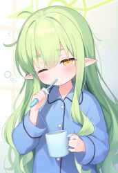 1girl blue_archive blue_pajamas brushing_teeth chinese_commentary commentary cup green_hair green_halo halo highres hikari_(blue_archive) holding holding_cup holding_toothbrush long_hair long_sidelocks long_sleeves messy_hair mug one_eye_closed pajamas pointy_ears sidelocks sleepy solo squeans toothbrush upper_body very_long_hair yellow_eyes zcx