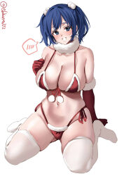 1girl artist_name bikini blue_eyes blue_hair blush breasts christmas cleavage ebifurya elbow_gloves fur-trimmed_bikini fur-trimmed_gloves fur_trim gloves hair_between_eyes hair_ornament hashtag-only_commentary highres kantai_collection large_breasts long_hair looking_at_viewer medium_hair navel one-hour_drawing_challenge pom_pom_(clothes) pom_pom_hair_ornament red_bikini red_gloves santa_bikini santa_costume side-tie_bikini_bottom simple_background sitting smile solo souryuu_(kancolle) spoken_blush stomach swimsuit thighhighs thighs twintails twitter_username wariza white_background white_thighhighs