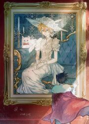2boys absurdres alternate_costume aotu_world artist_name black_hair blonde_hair blue_eyes bow bowtie candle candlestand cape cat couch crossdressing dated dress flower fur_trim gloves hair_between_eyes hat highres jewelry king_(aotu_world) long_dress male_focus multiple_boys painting_(object) picture_frame plutoray puffy_short_sleeves puffy_sleeves ray_(aotu_world) red_bow red_bowtie red_cape short_hair short_sleeves sitting solo_focus spiked_hair trap watermark white_dress white_gloves white_hat yaoi