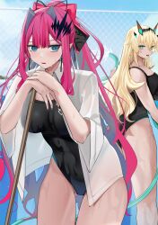 2girls baobhan_sith_(fate) barghest_(fate) black_one-piece_swimsuit blonde_hair blush breasts earrings fate/grand_order fate_(series) gluteal_fold green_eyes grey_eyes hair_ornament hair_ribbon highres holding holding_hose hose jewelry large_breasts long_hair looking_at_viewer multiple_girls one-piece_swimsuit open_mouth pink_hair pointy_ears ponytail ribbon san_(harutuki_3) shirt sidelocks swimsuit water wet white_shirt