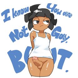 Rule 34 | 1boy, androgynous, arms behind back, dark-skinned male, dark skin, english text, highres, minus8-kun, minuspal, penis, presenting, shirt, short hair, solo, standing, trap