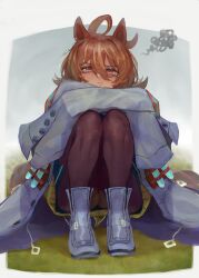 1girl absurdres agnes_tachyon_(umamusume) ahoge animal_ears bandolier belt black_pantyhose boots closed_mouth coat commentary_request cork earrings hair_between_eyes high_heel_boots high_heels highres horse_ears horse_girl horse_tail jewelry knees_up lab_coat on_grass on_ground open_clothes open_coat pantyhose red_eyes short_hair simple_background single_earring sitting solo sweater_vest tail test_tube tonariuta umamusume white_background white_boots white_coat yellow_sweater_vest