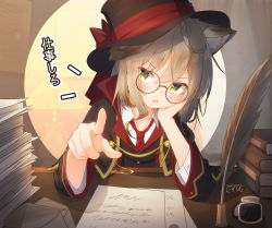1girl animal_ear_fluff animal_ears black-framed_eyewear black_capelet black_hat black_jacket blouse blush book book_stack brown_hair capelet collared_shirt commentary_request coreytaiyo dated glasses hair_between_eyes hat highres inkwell jacket long_sleeves looking_at_viewer mary_swan_(coreytaiyo) necktie open_mouth original paper_stack pointing pointing_at_viewer quill red_necktie round_eyewear shirt signature solo tilted_headwear translation_request upper_body v-shaped_eyebrows white_shirt yellow_eyes