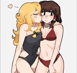 Rule 34 | 2girls, bikini, black one-piece swimsuit, blonde hair, bow, braid, breasts, brown hair, cleavage, closed mouth, cowboy shot, green bow, hair bow, hair tubes, hakurei reimu, hand on another&#039;s shoulder, headhonchkrow, heart, kirisame marisa, kiss, kissing cheek, long hair, lowres, multiple girls, navel, one-piece swimsuit, red bikini, sidelocks, single braid, small breasts, swimsuit, touhou, white background, yuri