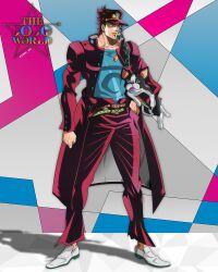 1boy araki_hirohiko_(style) belt black_hair boston_terrier chain dog earrings full_body gakuran genda_art hat highres iggy_(jojo) jewelry jojo_no_kimyou_na_bouken kuujou_joutarou long_coat male_focus muscular official_style pants school_uniform shirt shoes solo stardust_crusaders stud_earrings terrier_(dog)