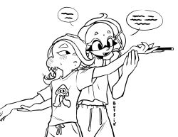 2girls ahoge artist_name blush boffix dancing drawstring ear_blush earrings fang frye_(splatoon) greyscale hair_over_one_eye hand_fan hand_on_another&#039;s_wrist highres hikimayu holding holding_another&#039;s_arm holding_another&#039;s_wrist holding_fan holding_hands inkling jewelry long_eyelashes looking_at_another medium_hair midriff mole mole_on_forehead mole_under_mouth monochrome multiple_earrings multiple_girls nervous nintendo octoling pants parted_lips shark_tooth shirt shiver_(splatoon) short_eyebrows sleeveless sleeveless_shirt speech_bubble splatoon_(series) splatoon_3 squid_print suction_cups sweatpants t-shirt tentacle_hair tied_drawstring tooth_earrings yuri