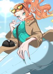 1girl absurdres aqua_eyes aqua_nails aqua_shirt ass ass_focus between_breasts black-framed_eyewear breasts brown_coat coat commentary denim english_commentary eyewear_on_head from_below hair_ornament heart heart_hair_ornament highres jeans large_breasts medium_breasts nintendo open_clothes open_coat orange-tinted_eyewear orange_hair pants pokemon pokemon_swsh ribbed_shirt roisin shirt side_ponytail smile solo sonia_(pokemon) strap_between_breasts sunglasses swept_bangs teeth tinted_eyewear tongue tongue_out upper_teeth_only v wavy_hair