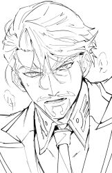 1boy beard challia_bull collared_shirt facial_hair frown gundam gundam_gquuuuuux heavy_breathing highres jacket looking_at_viewer male_focus military_jacket military_uniform monochrome mustache necktie open_mouth shirt short_hair simple_background solo suzuki_rui sweatdrop upper_body white_background