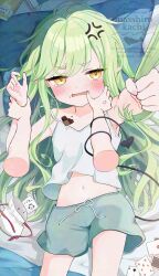 blue_archive blush camisole demon_tail doodle_sensei_(blue_archive) grabbing_another&#039;s_hair grey_hair highres hikari_(blue_archive) long_hair looking_at_viewer masshirokachi navel open_mouth pillow sensei_(blue_archive) shorts tail underwear white_camisole yellow_eyes