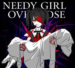 ame-chan_(needy_girl_overdose) backlighting black_background blood blood_in_hair blood_on_clothes blood_on_face blood_on_hands diagonal_bangs english_text grey_eyes hair_ornament hair_over_one_eye hodubala holding looking_at_viewer neck_ribbon needy_girl_overdose red_shirt ribbon shirt shoes short_twintails sidelocks smile suspenders twintails white_shoes x_hair_ornament