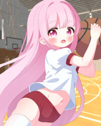 1girl ball basketball basketball_(object) basketball_court basketball_hoop blush breasts buruma gym gym_uniform hakamada_hinata highres holding holding_ball loli long_hair looking_at_viewer midriff navel open_mouth pink_eyes pink_hair puffy_sleeves r245 red_buruma rou-kyuu-bu! shirt short_sleeves small_breasts standing thighhighs white_shirt white_thighhighs wind wind_lift