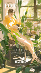 1boy absurdres book bread brown_eyes brown_hair crossed_legs cup curtains food haikyuu!! highres holding holding_book holding_cup hood hoodie jiyun0805 loaf_of_bread male_focus milk_carton oikawa_tooru_(haikyuu!!) on_chair plant potted_plant reading sample_watermark see-through_curtains short_hair shorts socks solo steam watermark white_footwear white_shorts white_socks window yellow_hoodie