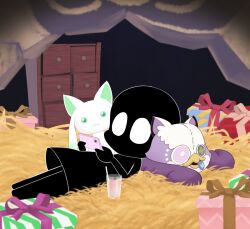 1girl :3 a-q_(madoka_magica) black_dress cellphone commentary_request cup drawer dress drinking_glass drinking_straw excellentfuyu full_body gift holding holding_phone juice looking_at_object lying lying_on_another mahou_shoujo_madoka_magica mahou_shoujo_madoka_magica_magia_exedra namae_(magia_exedra) nest nighthawk_(madoka_magica) no_mouth on_back phone playing_games short_dress smartphone solid_oval_eyes white_eyes