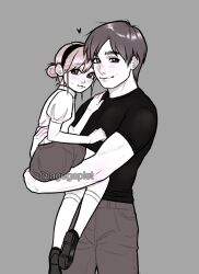 1boy 1girl artist_name blush capcom carrying child closed_mouth cowboy_shot eyebrows_hidden_by_hair hair_bun leon_s._kennedy lola_(agegapist) looking_at_viewer looking_back monochrome pants pink_theme resident_evil resident_evil_2 sherry_birkin shirt shoes short_hair shorts simple_background single_hair_bun socks standing t-shirt twisted_torso watermark