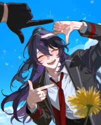 Rule 34 | 1boy, arms up, belt, belt buckle, black gloves, black sleeves, black vest, blue sky, blush, buckle, closed eyes, cloud, collared shirt, commentary, dandelion, dandelion seed, finger frame, flower, gloves, hair tie, highres, hong lu (project moon), jewelry, lapels, limbus company, long hair, necktie, notched lapels, outdoors, past desiderium, ponytail, project moon, purple hair, red necktie, ring, shirt, sky, smile, teeth, tongue, upper body, vest, wedding ring, white shirt