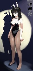 1girl absurdres animal_ears arms_at_sides bare_shoulders black_bow black_bowtie black_leotard black_shoes blue_eyes blush bow bowtie brown_pantyhose covered_navel detached_collar fake_animal_ears full_body gye_baeksoon highleg highleg_leotard highres kimbak_(kyh9964) leotard long_hair looking_at_viewer pantyhose playboy_bunny rabbit_ears shadow shoes single_shoe solo standing strapless strapless_leotard tearing_up traditional_bowtie unemployed_gye_baeksoon