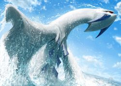 creatures_(company) dekunobou_kizakura fangs game_freak gen_2_pokemon legendary_pokemon looking_at_viewer lugia nintendo no_humans ocean pokemon pokemon_(creature) realistic red_eyes slit_pupils surfacing teru_sakura water wings