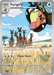 animal_focus artist_name blue_sky card_(medium) character_name closed_mouth cloud company_name copyright_name copyright_notice day english_text eyelashes farigiraf gen_2_pokemon girafarig giraffe grass grin nakai_mina nintendo no_humans official_art open_mouth outdoors pokemon pokemon_(creature) pokemon_card pokemon_focus pokemon_tcg sharp_teeth sky smile teeth third-party_source trading_card tree