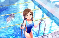 10s 3girls :d anastasia_(idolmaster) artist_request blank_stare blush breasts brown_eyes brown_hair competition_swimsuit envy goggles idolmaster idolmaster_cinderella_girls idolmaster_cinderella_girls_starlight_stage kanzaki_ranko lane_line long_hair looking_at_viewer mouth_under_water multiple_girls nitta_minami official_art one-piece_swimsuit open_mouth pool pool_ladder poolside smile swim_cap swimsuit unworn_goggles unworn_swim_cap water wet