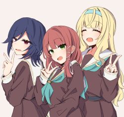 3girls ^_^ amano_mitara aqua_neckerchief blonde_hair blue_hair blue_headband blunt_bangs blunt_tresses brown_dress closed_eyes commentary_request dress green_eyes hasu_no_sora_school_uniform headband highres inward_v link!_like!_love_live! long_hair long_sleeves looking_at_viewer love_live! medium_hair mole mole_under_eye multiple_girls neckerchief original pink_eyes pink_hair pleated_dress sailor_collar sailor_dress school_uniform simple_background single_hair_intake v very_long_hair white_background white_sailor_collar winter_uniform