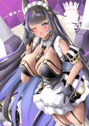 1girl animal_ears armlet azur_lane black_gloves black_hair black_necktie breasts cleavage cleopatra_(azur_lane) colored_inner_hair commentary cross-shaped_pupils dark-skinned_female dark_skin detached_collar gloves gudon_(iukhzl) hand_on_own_hip highres index_finger_raised jackal_ears jackal_girl jewelry large_breasts long_hair looking_at_viewer maid maid_headdress multicolored_hair necktie purple_eyes purple_hair solo streaked_hair symbol-shaped_pupils tan tanline