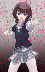 1girl absurdres black_sweater blue_eyes blush brown_background brown_hair commentary_request cowboy_shot fang floating_clothes foreshortening fumino5jyo girls_band_cry gradient_background grey_skirt hands_up highres iseri_nina looking_at_viewer low_twintails medium_hair miniskirt motion_blur open_mouth outline outstretched_arm pinky_out pleated_skirt serious shirt short_sleeves short_twintails skin_fang skirt solo sweater t-shirt thighs twintails v-neck v-shaped_eyebrows white_outline white_shirt