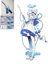 +_+ 1girl ahoge arin_(fanfan013) asymmetrical_legwear backpack bag bikini black_bikini blue_bag blue_bikini blue_eyes blue_hair blue_halo blue_ribbon blue_sleeves blue_socks blue_thighhighs braid cable chinese_commentary commentary_request dress dual_wielding eyelashes full_body goggles goggles_on_head gradient_legwear grey-framed_eyewear grey_sandals gun hair_ornament hair_scrunchie halo harpoon harpoon_gun highres holding holding_gun holding_weapon kneeling medium_hair midriff mismatched_bikini mismatched_legwear navel necktie open_mouth original personification reference_inset ribbon sandals scrunchie see-through_clothes see-through_dress see-through_necktie short_sleeves simple_background smile socks solo sparkle sparkle_print sparkling_eyes striped_bikini striped_clothes striped_socks swimsuit teeth thighhighs twin_braids twitter_username upper_teeth_only weapon white_background white_dress white_necktie white_scrunchie