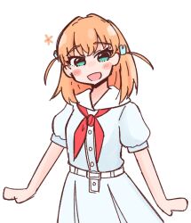 1girl :d amado_(amaddo_club) aqua_eyes blue_dress blush commentary cowboy_shot dress hair_ornament hasu_no_sora_school_uniform highres hinoshita_kaho link!_like!_love_live! looking_at_viewer love_live! medium_hair neckerchief open_mouth pleated_dress puffy_short_sleeves puffy_sleeves rabbit_hair_ornament red_neckerchief sailor_collar school_uniform short_sleeves simple_background smile solo two_side_up virtual_youtuber white_background white_sailor_collar