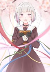 1girl black_choker black_gloves blue_ribbon blurry blurry_background book brown_dress choker colored_inner_hair commentary_request cowboy_shot depth_of_field dress gloves green_ribbon hair_ornament half_gloves hasu_no_sora_school_uniform highres holding holding_book iroha_(nami3) link!_like!_love_live! long_sleeves love_live! multicolored_hair o-ring o-ring_choker pink_ribbon pleated_dress red_hair red_ribbon ribbon sailor_collar sailor_dress school_uniform short_hair solo speech_bubble standing star_(symbol) star_hair_ornament streaked_hair translation_request virtual_graduation_commemoration virtual_youtuber white_sailor_collar winter_uniform yugiri_tsuzuri