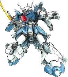 1980s_(style) absurdres bayonet beam_rifle energy_gun gundam gundam_zz highres ink_(medium) iwamunetaka mecha mecha_focus mobile_suit neo_zeon no_humans oldschool one-eyed rakan_dahkaran retro_artstyle robot scan science_fiction sketch solo traditional_media weapon white_background zaku zaku_iii