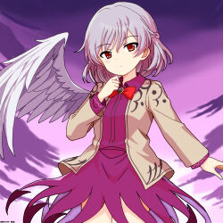 1girl bow bowtie closed_mouth commentary cowboy_shot dress grey_hair grey_jacket jacket kishin_sagume long_sleeves looking_at_viewer mist9801km purple_background purple_dress red_bow red_bowtie red_eyes short_hair single_wing solo touhou wings