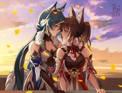 2girls aircraft airship animal_ears artist_name bare_shoulders blue_hair breasts brown_hair chinese_commentary cloud commentary_request dated detached_sleeves dusk fox_ears fox_girl fox_tail ginkgo_leaf gloves green_eyes hair_ornament honkai:_star_rail honkai_(series) leaf long_hair looking_at_another multiple_girls pai_yingzi ponytail purple_eyes ranguage signature tail tingyun_(harmony)_(honkai:_star_rail) tingyun_(honkai:_star_rail) yukong_(honkai:_star_rail) yuri