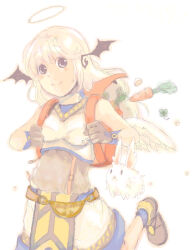 1girl backpack bag black_wings blonde_hair blush carrot closed_mouth commentary_request crop_top foot_out_of_frame gloves grey_eyes grey_gloves grey_shirt grey_shoes halo head_wings long_hair looking_at_viewer lowres lunatic_(ragnarok_online) rabbit ragnarok_online red_bag shirt shoes shorts simple_background smile solo super_novice_(ragnarok_online) traditional_halo walking waya_(takaomi777) white_background white_shirt white_shorts wings yellow_halo
