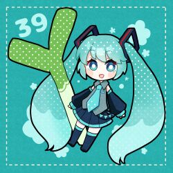 1girl 39 absurdres black_skirt black_thighhighs blue_background blue_footwear blue_hair blue_necktie blue_skirt blush chibi commentary detached_sleeves hair_ornament hatsune_miku highres looking_at_viewer miku_day necktie open_mouth ribbon skirt solo spring_onion thighhighs twintails u_inu_udon vocaloid