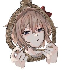Rule 34 | 1girl, blue eyes, bow, brown hair, doki doki literature club, hair between eyes, hair bow, highres, imminent suicide, looking at viewer, noose, open mouth, red bow, rope, sayori (doki doki literature club), short hair, solo, suicide, upper body, white background, ysin31396
