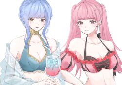 2girls bikini blue_bikini blue_hair braid breasts brown_eyes cleavage commentary_request crown_braid fire_emblem fire_emblem:_three_houses fire_emblem_heroes highres hilda_valentine_goneril hilda_valentine_goneril_(summer) long_hair looking_at_viewer marianne_von_edmund marianne_von_edmund_(summer) medium_breasts multiple_girls nintendo official_alternate_costume pink_bikini pink_eyes pink_hair sayaka_(fe_uma274) short_hair simple_background swimsuit twintails white_background