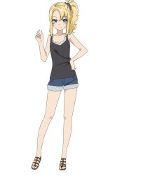 Rule 34 | 1girl, anime coloring, bare shoulders, black camisole, black scrunchie, blonde hair, blue eyes, blush, breasts, camisole, closed mouth, collarbone, denim, denim panties, frilled camisole, frills, full body, hair ornament, hair scrunchie, hand on own hip, long hair, looking at viewer, official art, sandals, scrunchie, seishun buta yarou, short shorts, shorts, side ponytail, simple background, smile, solo, standing, tamura satomi, thighs, toyohama nodoka, transparent background