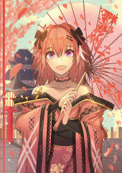 1boy alternate_hairstyle androgynous astolfo_(fate) bare_shoulders black_bow bow cherry_blossoms choker falling_petals fang fate/apocrypha fate/grand_order fate_(series) hair_bow hair_ornament hairclip holding holding_umbrella japanese_clothes kimono long_hair multicolored_hair open_mouth outdoors pagoda petals pink_hair pink_kimono print_kimono purple_eyes skin_fang smile streaked_hair trap umbrella upper_body weyas_kayur white_background white_hair