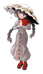 Rule 34 | 1girl, ajirogasa, alphes (style), black hair, black sandals, blush, braid, buttons, capelet, clothes writing, commentary request, dairi, dress, frilled capelet, frilled hat, frills, full body, grey dress, hair tie, hat, large variant set, long hair, long sleeves, parody, puffy long sleeves, puffy sleeves, red capelet, red socks, sandals, snow, socks, solo, standing, style parody, tabi, tachi-e, touhou, transparent background, tsurime, twin braids, variant set, yatadera narumi