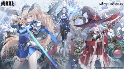 Rule 34 | 3girls, absurdres, armor, black hair, blonde hair, blue dress, blue scarf, bodystocking, christmas, closed eyes, closed mouth, commentary, detached sleeves, dragon girl, dragon horns, dragon wings, dress, english commentary, eyepatch, goddess of victory: nikke, grey hair, guillotine (nikke), guillotine (winter slayer) (nikke), gun, hat, highres, holding, holding gun, holding sword, holding weapon, horns, long hair, long sleeves, looking at viewer, mage staff, maiden (ice rose) (nikke), multiple girls, official art, open mouth, own hands together, purple hat, red robe, red skirt, robe, rocket launcher, rpg (weapon), scarf, second-party source, shoulder armor, single wing, skirt, smile, standing, swav, sword, thigh strap, vesti (ark mage) (nikke), vesti (nikke), weapon, wide sleeves, wings, witch hat