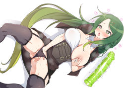1girl black_panties black_thighhighs blush braid breasts character_request collar copyright_request detached_collar dildo drooling female_masturbation fingering green_eyes green_hair hair_ornament hair_spread_out hairclip heart heart-shaped_pupils highres jewelry kounosu_satori large_breasts long_hair looking_at_viewer lying masturbation nipple_stimulation nipple_tweak nipples on_back open_clothes open_mouth panties pussy_juice ring saliva sex_toy shadow simple_background solo spread_legs sweat symbol-shaped_pupils thighhighs tweaking_own_nipple underwear vaginal very_long_hair white_background white_collar
