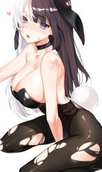 1girl absurdres animal_ears bad_id bad_twitter_id between_legs black_hair black_leotard black_pantyhose breasts choker chungu cleavage collarbone fake_animal_ears female_focus hair_ribbon hand_between_legs hat heart highres kneeling large_breasts leotard multicolored_hair open_mouth original pantyhose playboy_bunny purple_eyes rabbit_ears ribbon sideboob signature simple_background solo split-color_hair strapless strapless_leotard sweatdrop tail torn_clothes torn_pantyhose two-tone_hair white_background white_hat