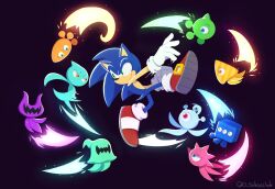 1boy animal_ears animal_nose black_background blush closed_mouth commentary english_commentary eye_contact flying full_body furry furry_male gloves green_eyes highres looking_at_another official_style other_subject1 red_footwear shoe_soles shoes simple_background sonic_(series) sonic_colors sonic_the_hedgehog tail twitter_username uno_yuuji_(style) white_gloves wisp_(sonic)