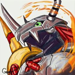 armor close-up digimon digimon_(creature) dragon gloria_(ggggggsan1) green_eyes grey_background helmet highres red_hair short_hair shoulder_armor shoulder_spikes simple_background solo spikes wargreymon