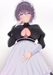 1girl absurdres apron azur_lane bellona_(armed_to_clean)_(azur_lane) bellona_(azur_lane) belt black_belt black_dress blush breasts chest_belt closed_mouth clothing_cutout commentary_request commission cowboy_shot dress earrings grey_hair hair_between_eyes hand_up heart heart-shaped_pupils highres jewelry large_breasts long_sleeves looking_at_viewer maid maid_apron maid_headdress official_alternate_costume partial_commentary puffy_long_sleeves puffy_sleeves purple_eyes ring short_hair sidelocks simple_background skeb_commission smile solo standing symbol-shaped_pupils underboob underboob_cutout wedding_ring white_background yumemin_(yumemi5140)