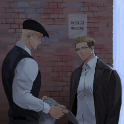 2boys black_jacket black_vest brick_wall closed_mouth collared_shirt commentary_request english_text highres holding holding_paper jacket kogu_(nue_insideout) male_focus multiple_boys newspaper paper porco_galliard poster_(object) reiner_braun shingeki_no_kyojin shirt sideburns sparse_stubble vest white_shirt