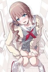 Rule 34 | 1girl, blue eyes, blunt bangs, blush, breasts, brown hair, brown panties, cardigan, collarbone, embarrassed, from above, furrowed brow, grey serafuku, grey skirt, hair ornament, hair scrunchie, hand on own thigh, handkerchief, head tilt, highres, holding, holding handkerchief, indoors, long hair, long sleeves, looking at viewer, medium breasts, mochizuki honami, neckerchief, on toilet, open clothes, open mouth, panties, panty pull, pigeon-toed, project sekai, raised inner eyebrows, red neckerchief, school uniform, scrunchie, serafuku, shiroinu (shiroinu 283p), shoes, side ponytail, sidelocks, sitting, skirt, socks, solo, tile floor, tiles, toilet, toilet paper, toilet stall, toilet use, towel, underwear, wavy hair, white shoes, white socks, yellow cardigan